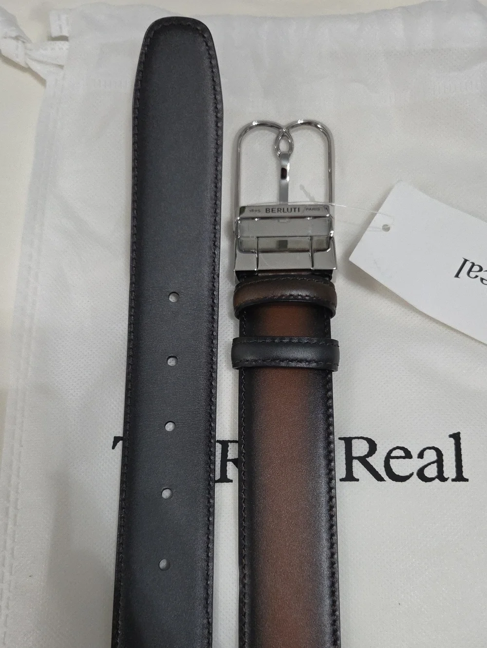 Berluti Reversible Brown & Black Leather Belt Silver Buckle